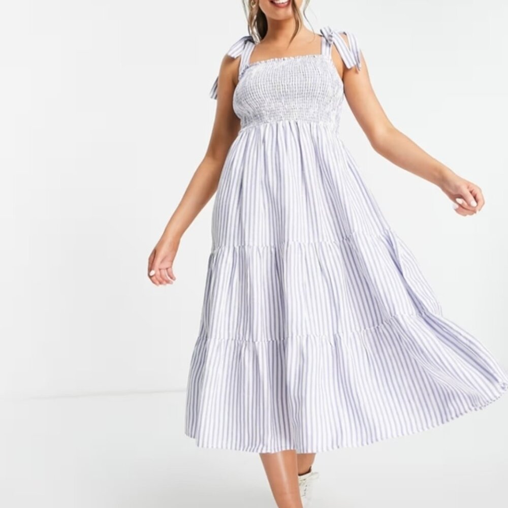 Striped Blue and White  Tiered midi dress Sz.10 NWT New Look